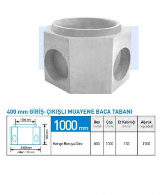 400'LÜK Giriş Çıkışlı Muayene Baca Tabanı Boy: 800 MM