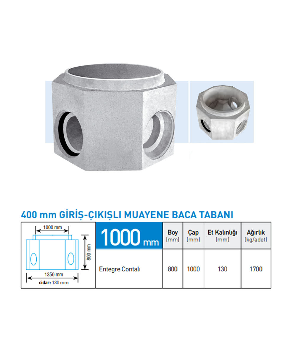 400'LÜK Giriş Çıkışlı Muayene Baca Tabanı Boy: 800 MM